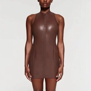 SKIMS Cocoa Brown Rubberized Scuba Swim Mock Neck Zip Front Mini Dress NWT